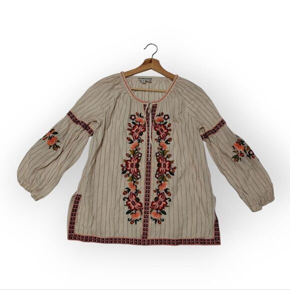 Johnny Was Embroidered Cream Relaxed Top Blouse Boho short 3/4 Sleeves SZ S - Picture 6 of 9